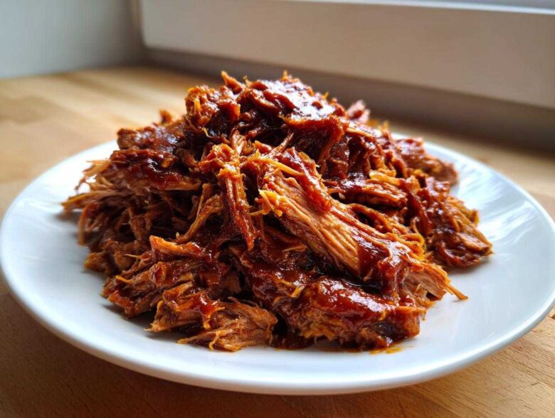 A generous serving of saucy, shredded crock pot pulled pork piled high on a white plate.