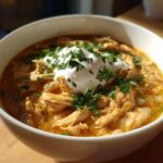 A close-up of a white bowl filled with creamy crockpot white chicken chili, topped with sour cream and fresh parsley.