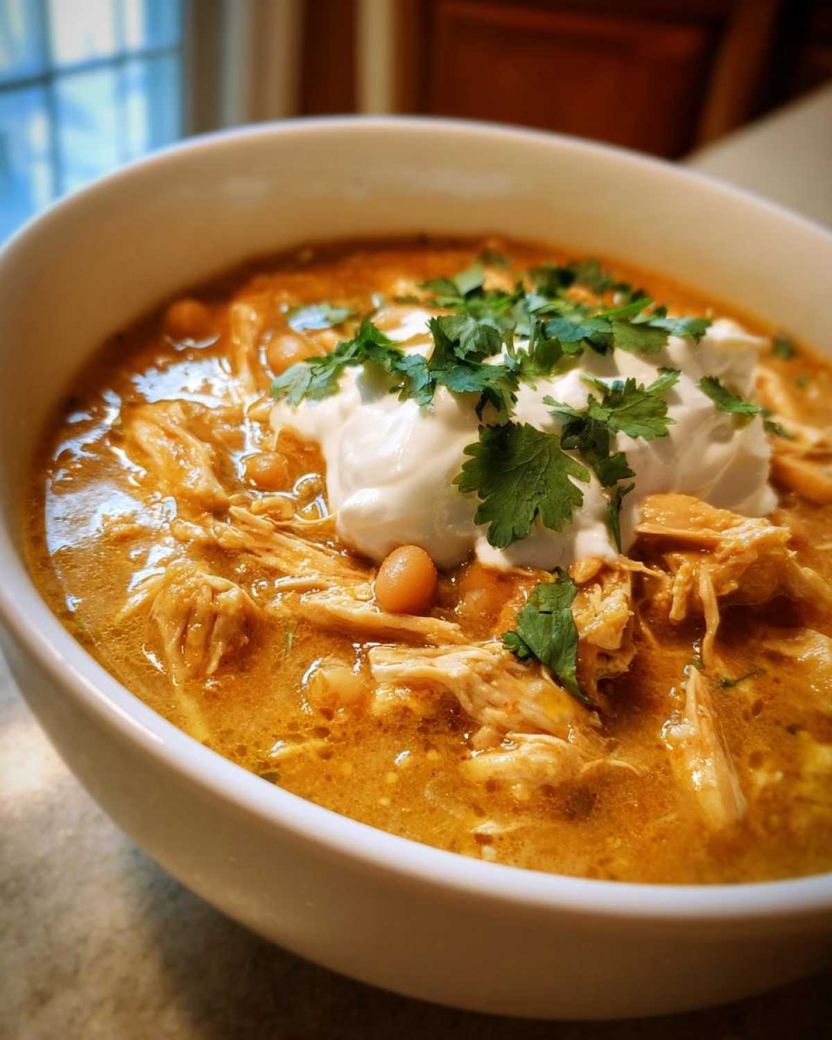 Close-up of a bowl of rich, orange-hued crockpot white chicken chili topped with sour cream and fresh cilantro.