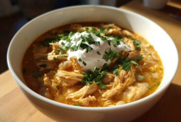 A close-up of a white bowl filled with creamy crockpot white chicken chili, topped with sour cream and fresh parsley.