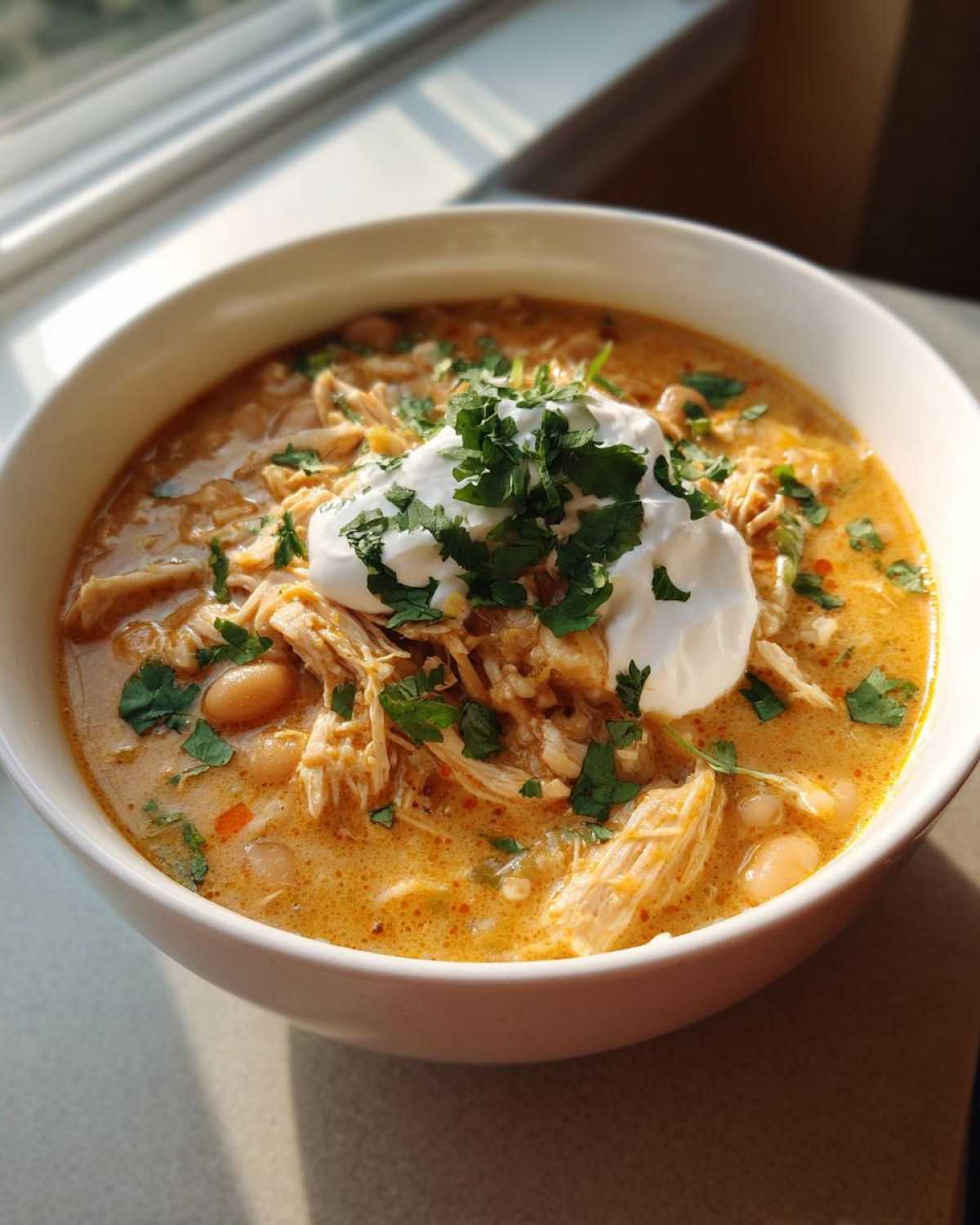 A creamy bowl of crockpot white chicken chili topped with sour cream and fresh cilantro.