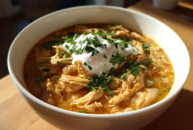 A close-up of a white bowl filled with creamy crockpot white chicken chili, topped with sour cream and fresh parsley.