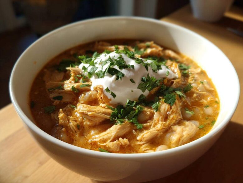 A close-up of a white bowl filled with creamy crockpot white chicken chili, topped with sour cream and fresh parsley.