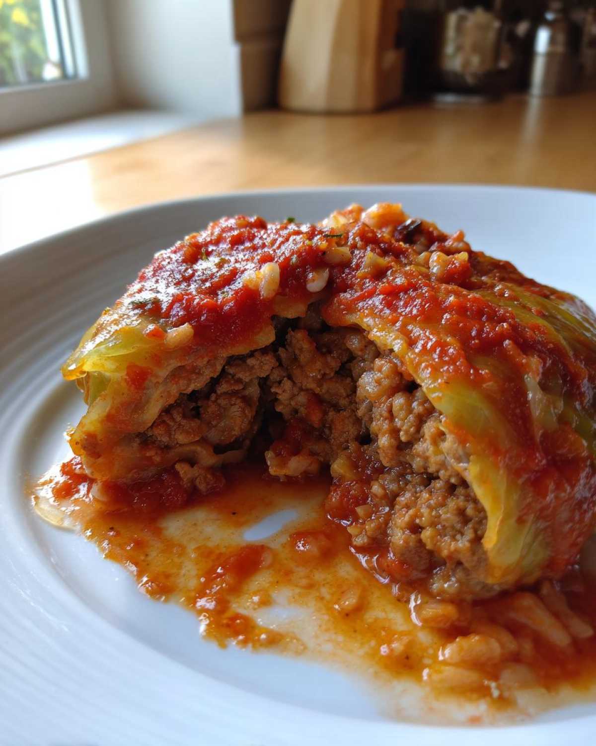 Close-up of a single cabbage roll cut open, showing the savory meat and rice filling, covered in rich tomato sauce.