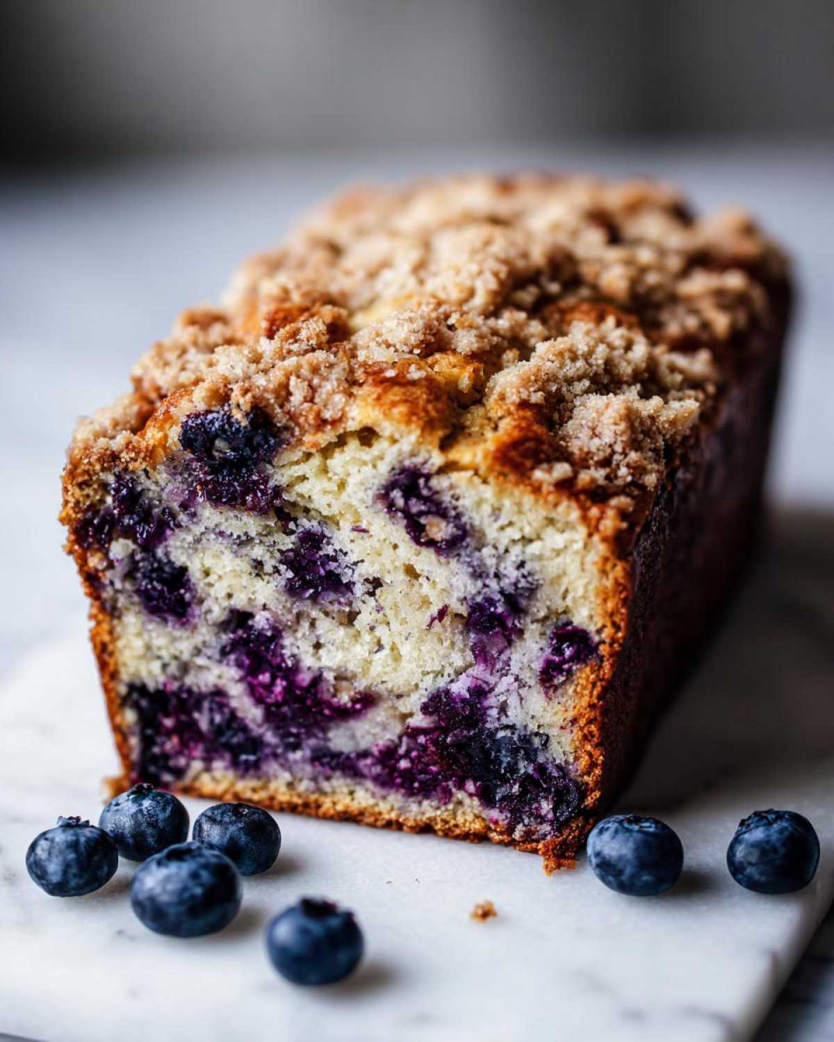 Close-up of a freshly baked blueberry banana bread loaf with a crumb topping, showing vibrant purple blueberries inside.