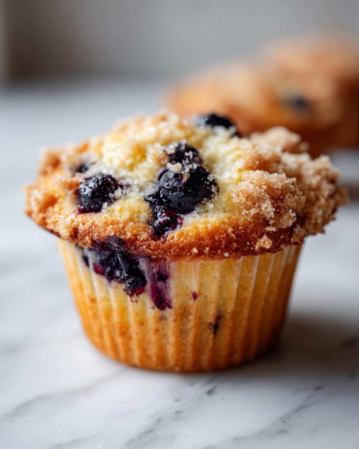 A close-up of a golden brown blueberry muffin topped with streusel and coarse sugar.