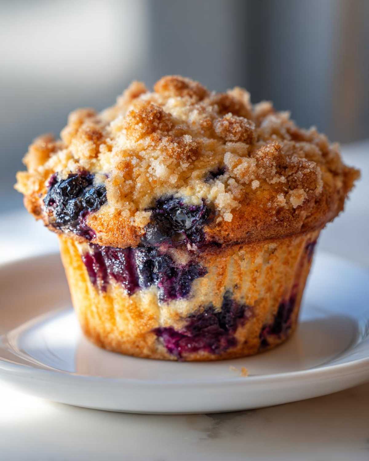 A single, golden-brown blueberry muffin with a generous crumb topping sitting on a white plate.