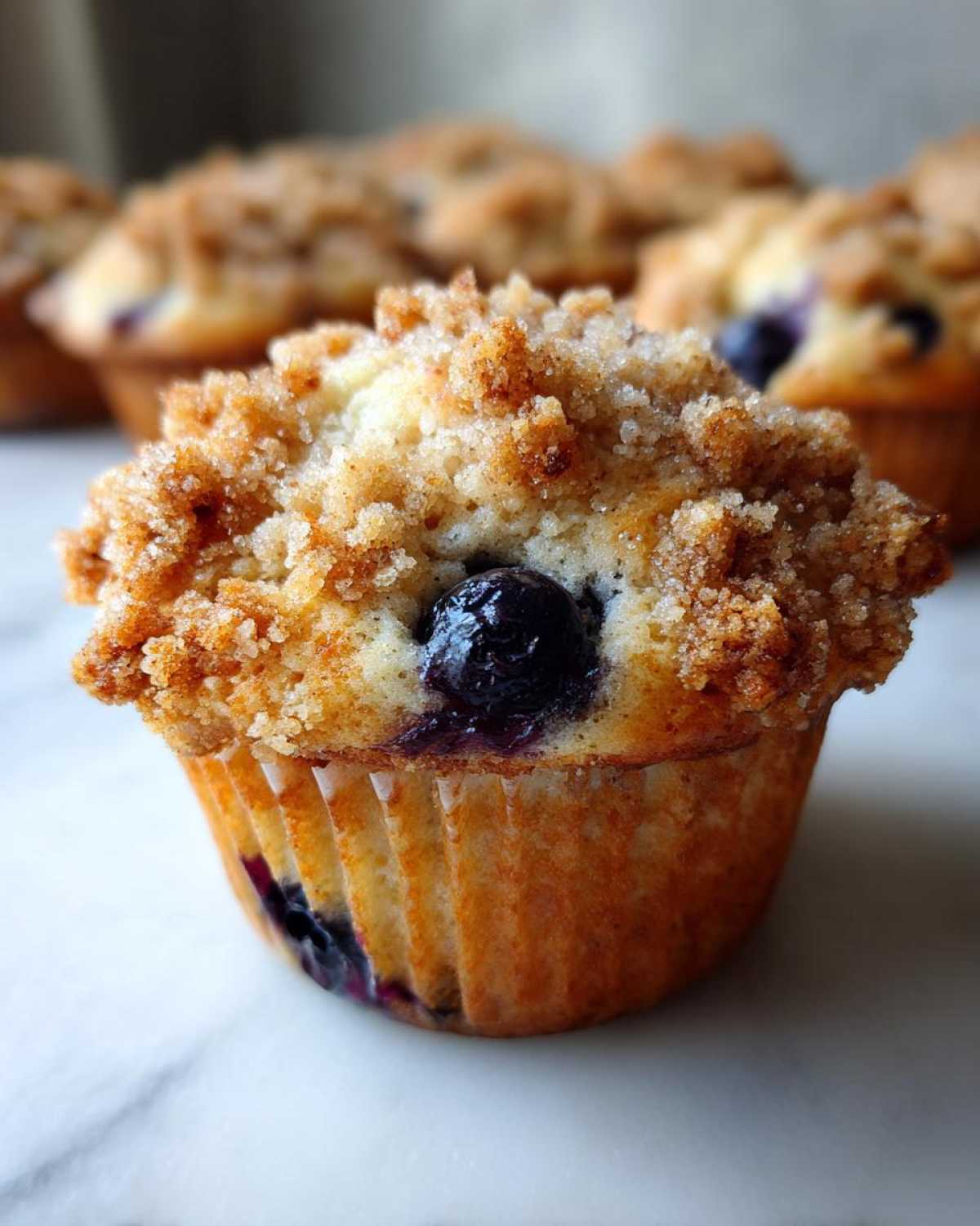 A close-up of a golden brown blueberry muffin topped with a thick, sugary crumb topping and a visible whole blueberry.