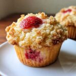 A close-up of a delicious strawberry muffin topped with a whole strawberry and golden streusel crumb topping.