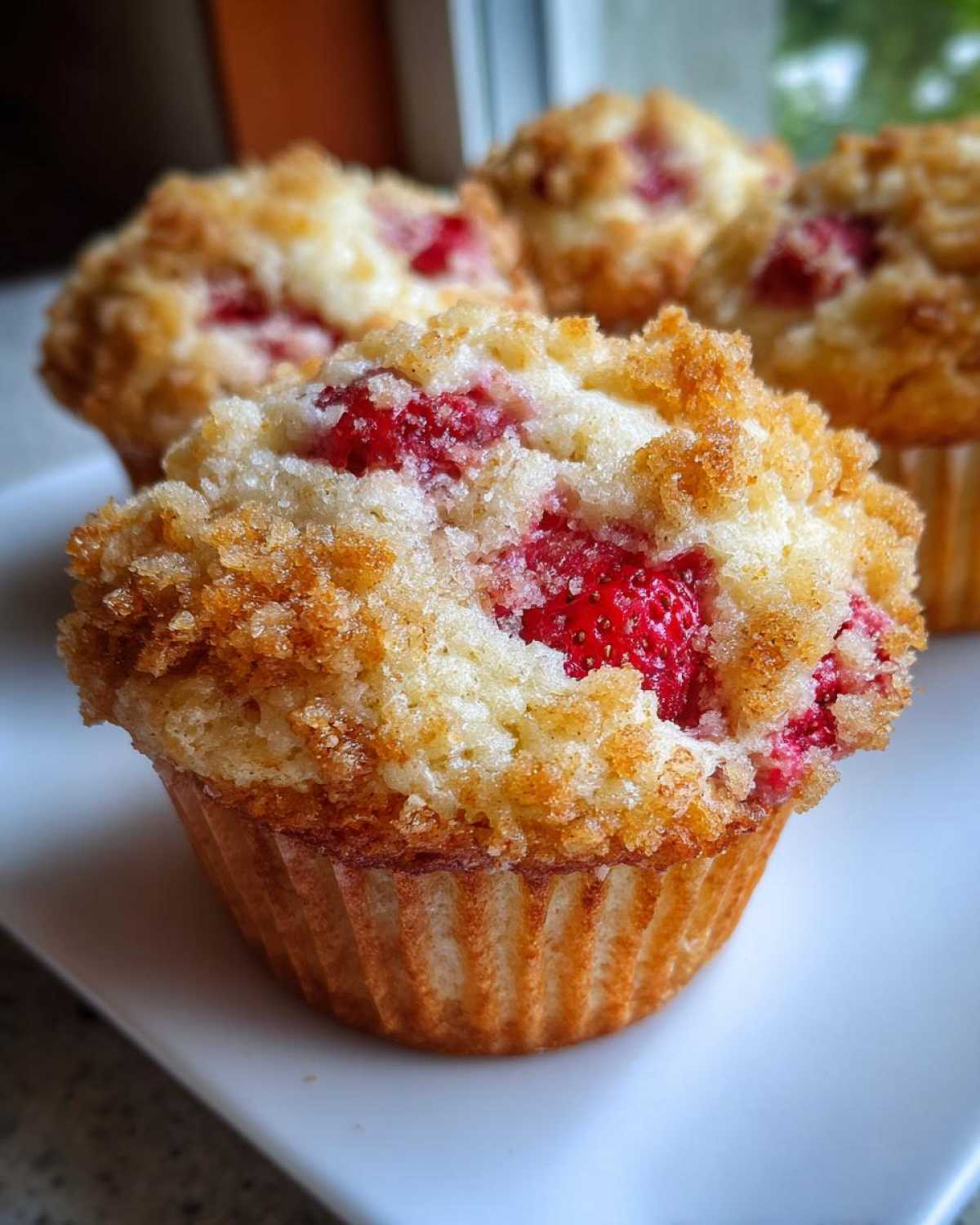 A close-up of a freshly baked strawberry muffin featuring a golden crumb topping and visible pieces of bright red strawberry.
