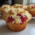 A close-up of a freshly baked strawberry muffin topped with sweet crumble, with more strawberry muffins visible in the background.