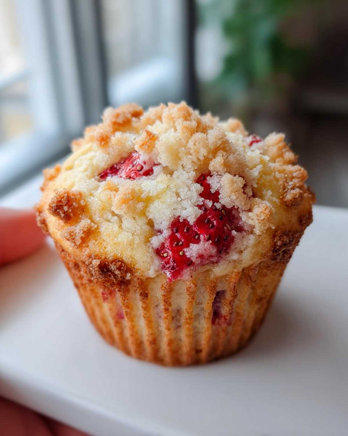 A close-up of a golden brown strawberry muffin topped with sweet streusel crumbs.