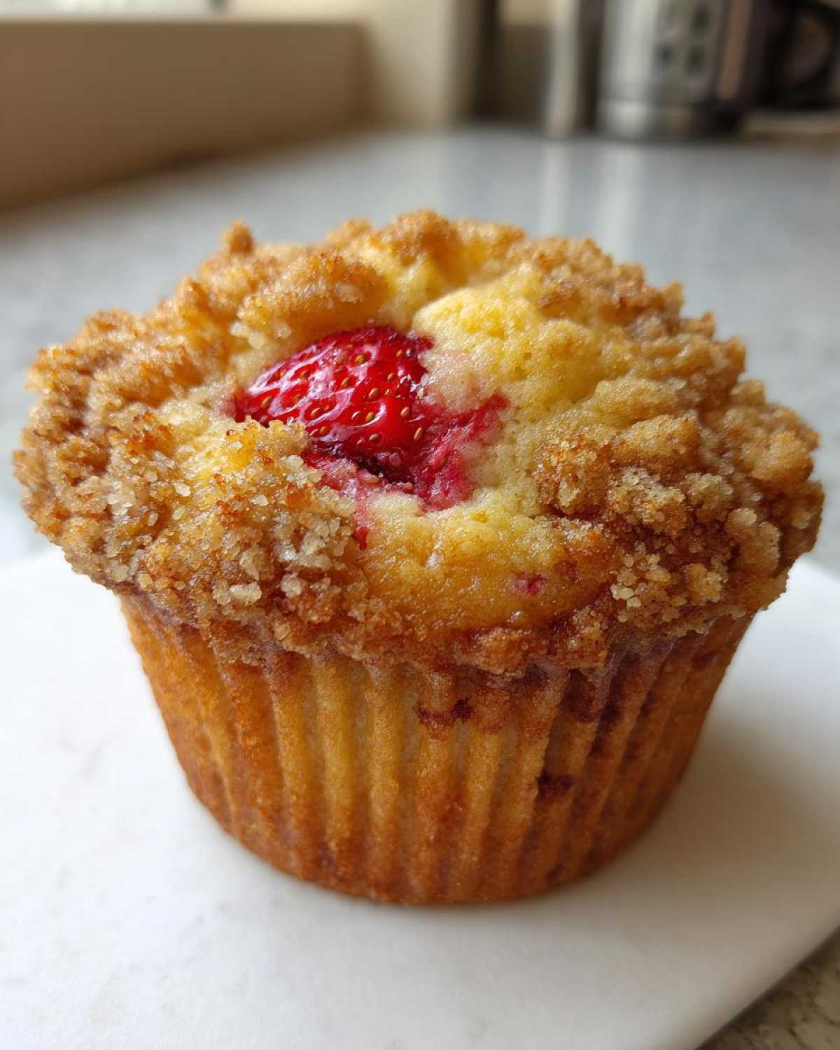 A close-up of a golden brown strawberry muffins topped with a sugary crumb topping and a whole strawberry.