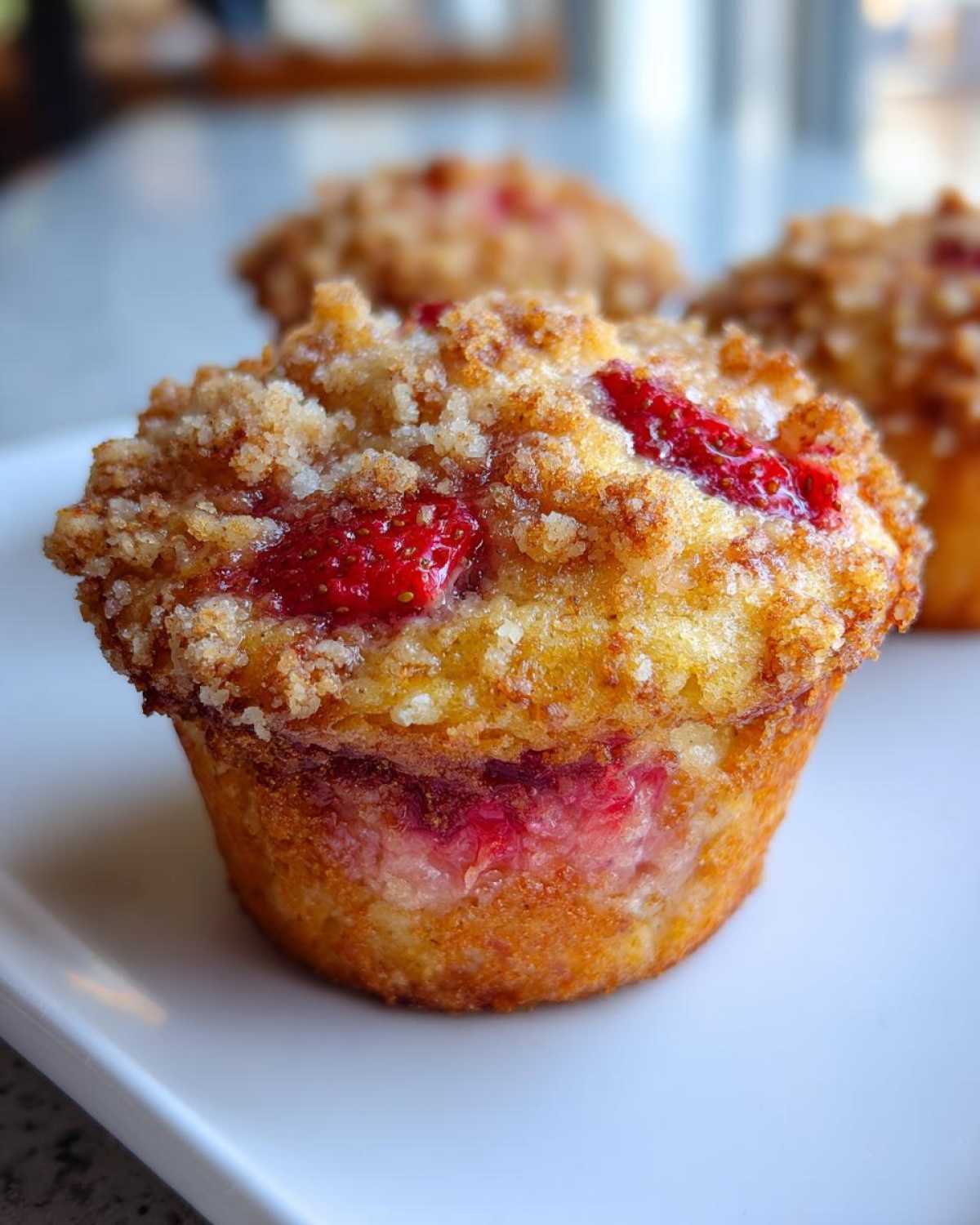 A close-up of a golden brown strawberry muffin topped with streusel, showing juicy red fruit baked inside.