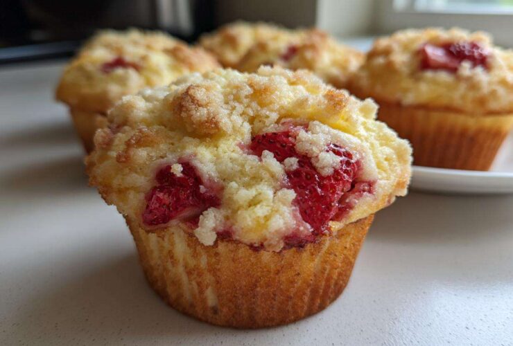 A close-up of a freshly baked strawberry muffin topped with sweet crumble, with more strawberry muffins visible in the background.