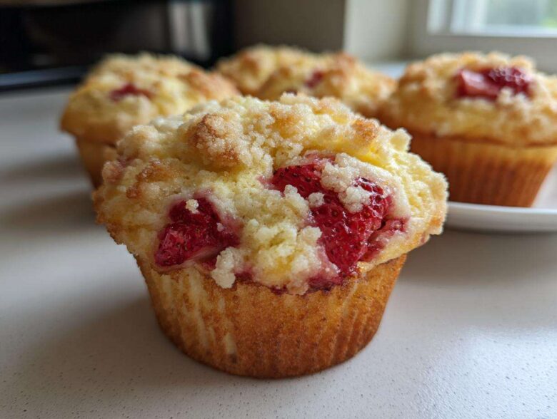 A close-up of a freshly baked strawberry muffin topped with sweet crumble, with more strawberry muffins visible in the background.