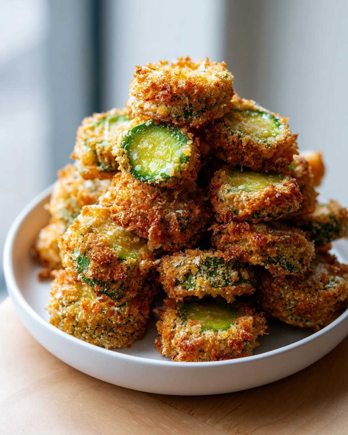 A tall stack of golden brown, crispy Fried Pickles piled high on a white bowl.