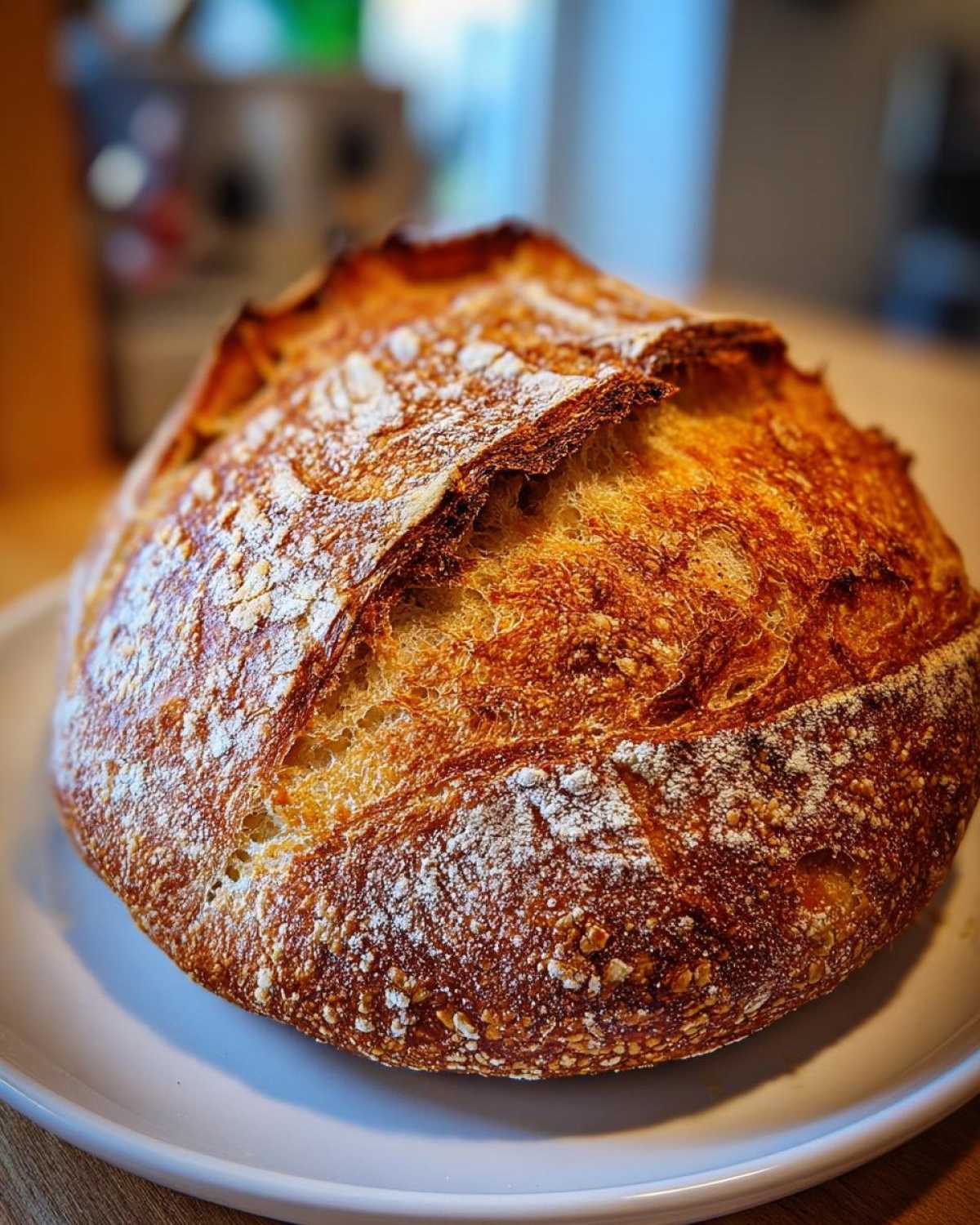 Close-up of a beautifully baked, round loaf of Italian bread with a dark, crackled crust dusted with flour.