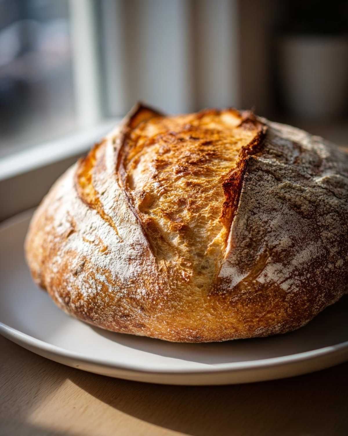 A beautifully baked, round loaf of Italian bread with a deeply scored, golden-brown, flour-dusted crust sitting on a white plate.