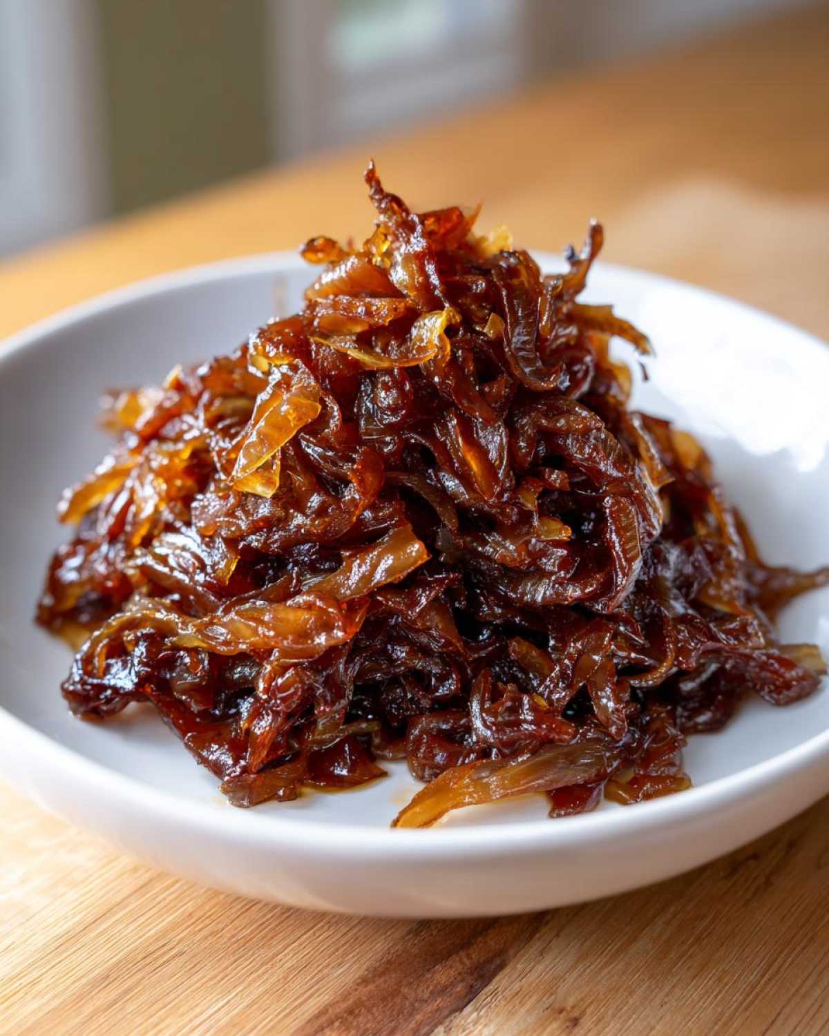 A close-up of a mound of rich, dark brown caramelized onions served in a small white bowl.