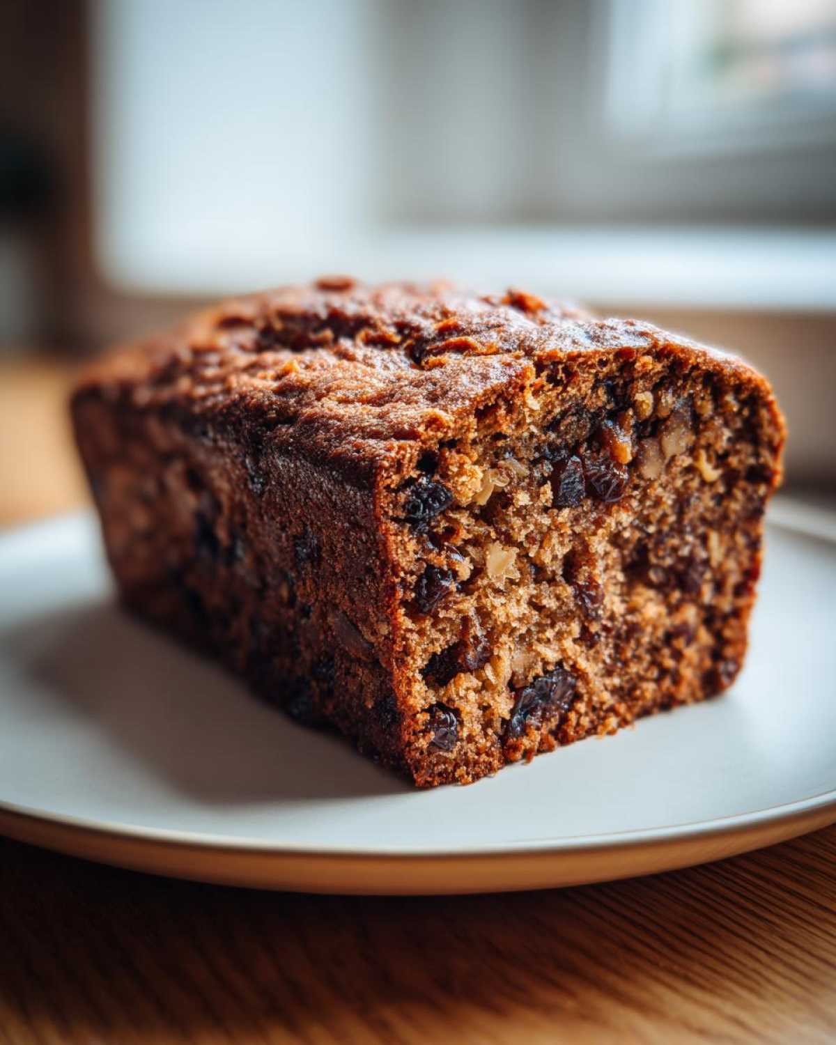 A close-up of a freshly baked slice of date nut bread showing visible nuts and dried fruit texture.