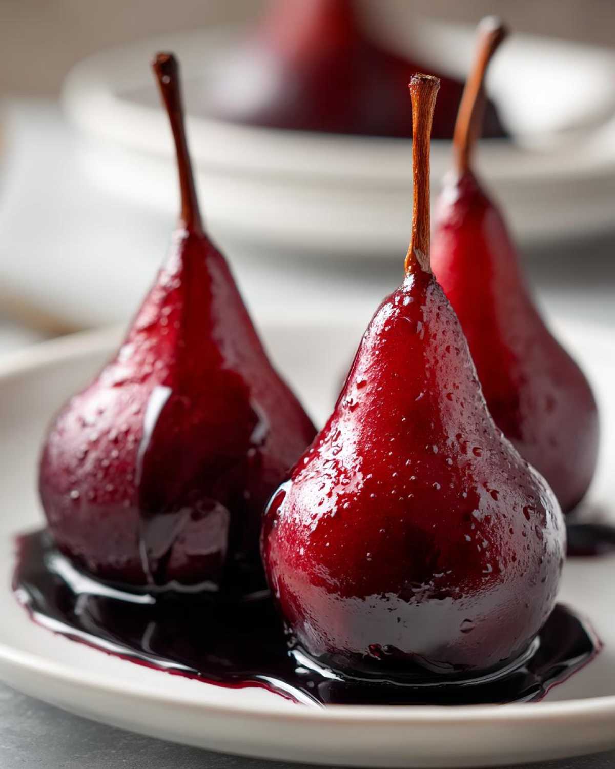 Close-up of three glossy, deep red poached pears sitting in their dark syrup on a white plate.