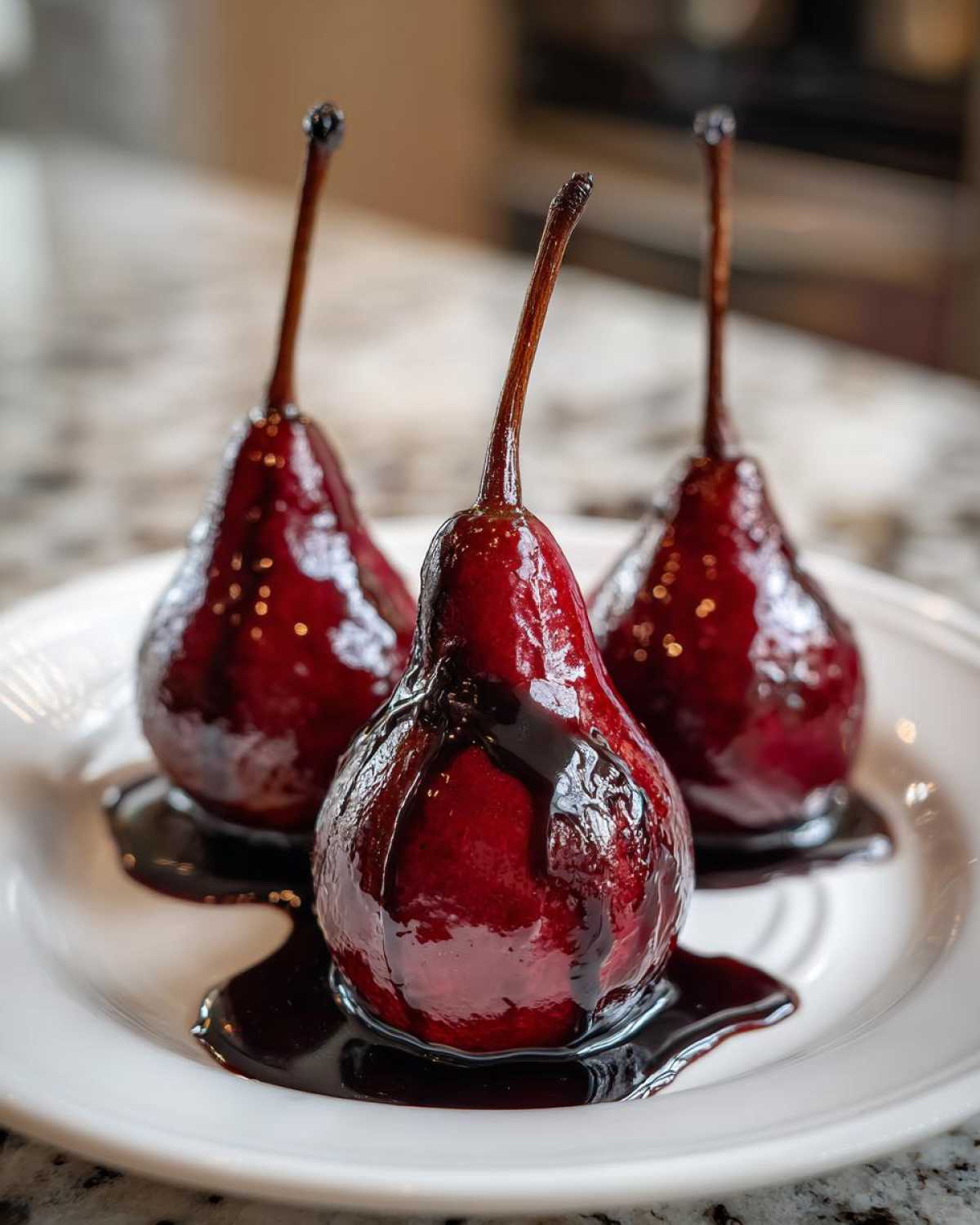 Three glossy, deep red poached pears drizzled with dark syrup, served on a white plate.