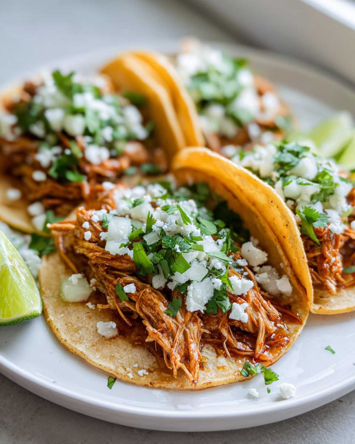 Close-up of three delicious chicken tacos filled with shredded meat, topped with white cheese and cilantro, served with lime wedges.