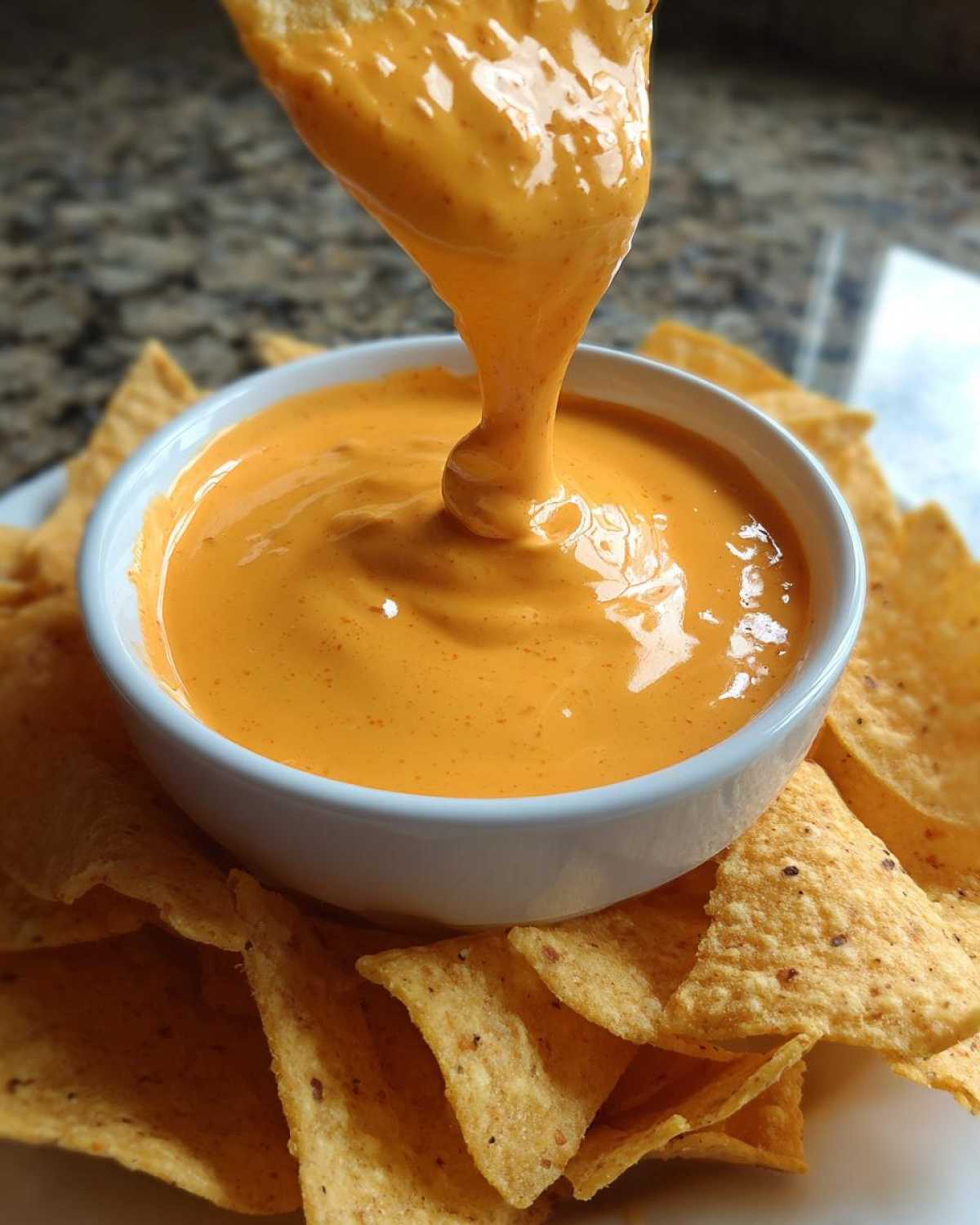 A tortilla chip dripping with thick, creamy nacho cheese sauce into a white bowl surrounded by more chips.