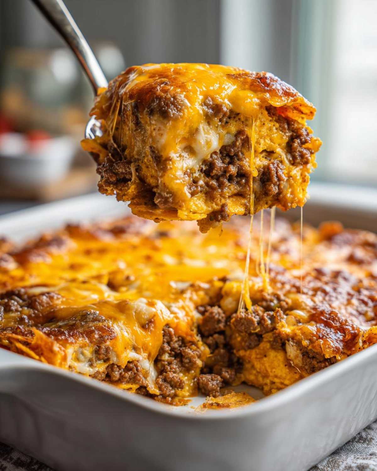 A spoonful of cheesy, meaty Dorito Casserole being lifted from a white baking dish, showing cheese pull.