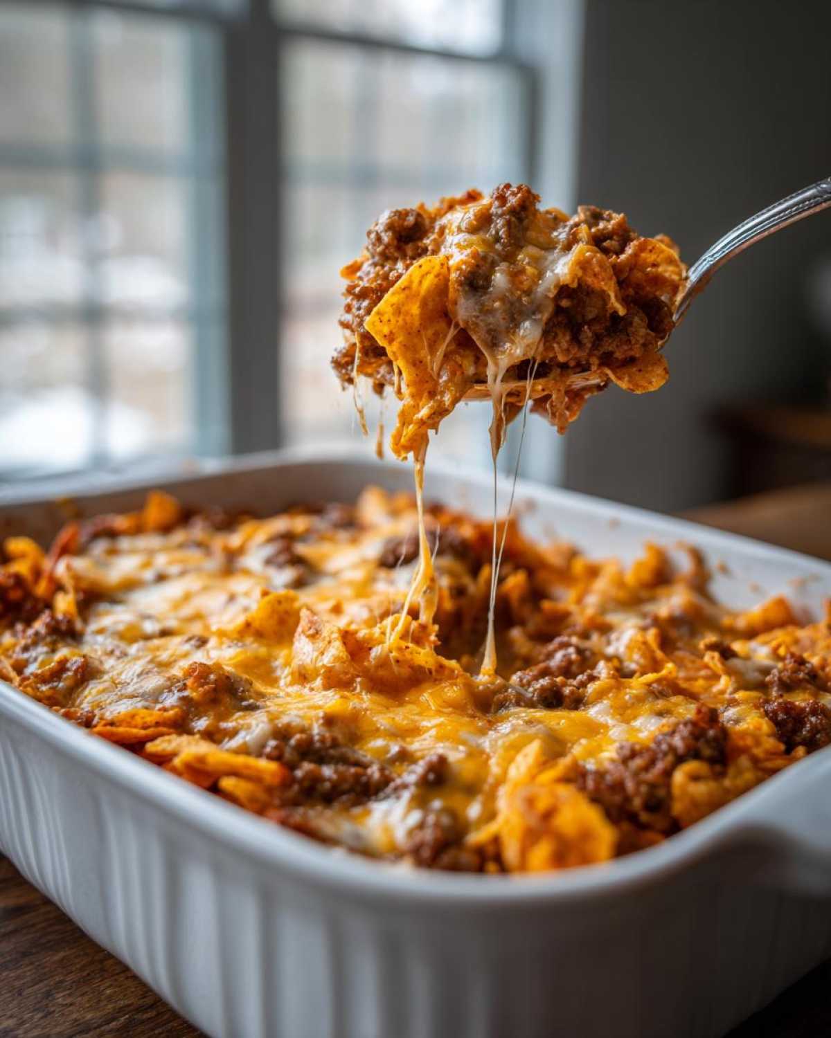 A spoonful of hot Dorito Casserole showing melted cheese stretching between the serving and the baking dish.