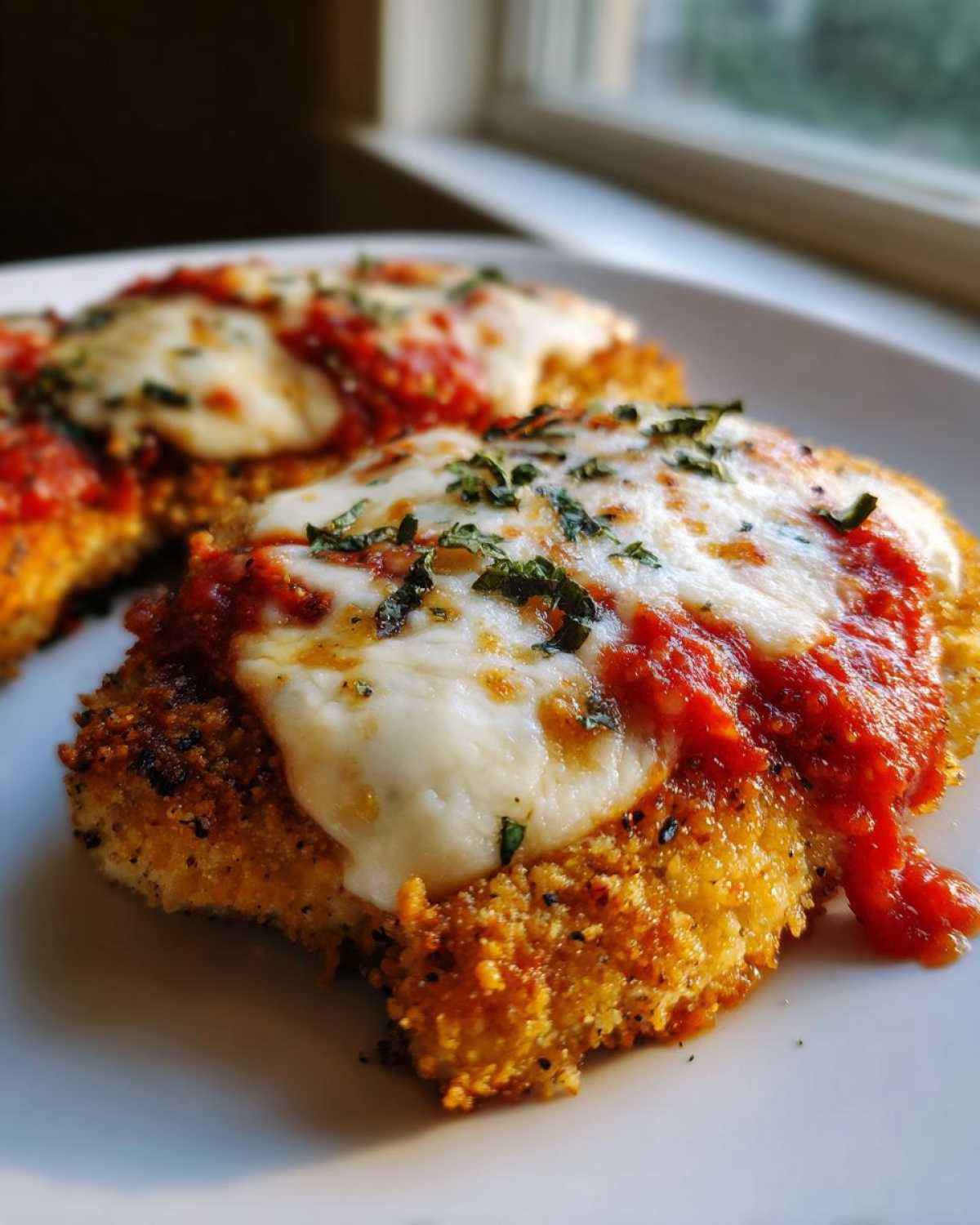 Close-up of two breaded cutlets topped with marinara sauce and melted mozzarella cheese for Easy Chicken Parmesan.