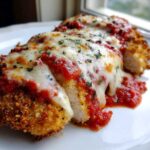 Close-up of a breaded and cooked Easy chicken Parmesan cutlet topped with melted mozzarella and marinara sauce.