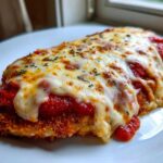 Close-up of a crispy breaded cutlet topped with marinara sauce and melted mozzarella cheese, representing Easy chicken Parmesan.