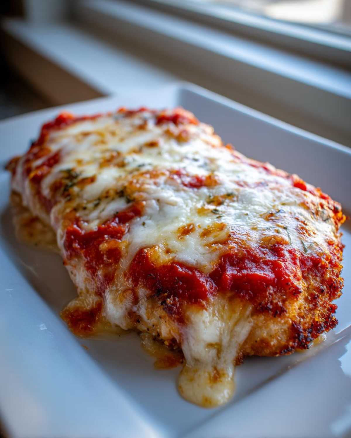 Close-up of a perfectly cooked Easy Chicken Parmesan topped with melted mozzarella cheese and marinara sauce.