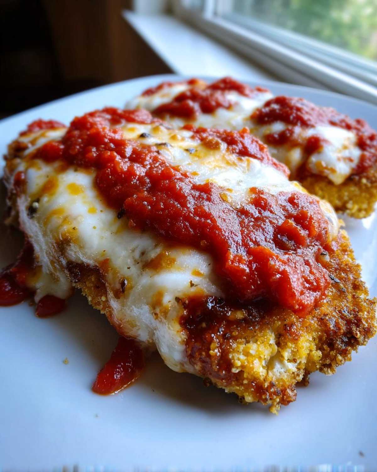 Close-up of a golden-brown, breaded cutlet topped with melted mozzarella and rich tomato sauce for Easy chicken Parmesan.
