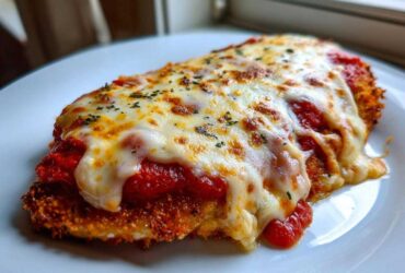 Close-up of a crispy breaded cutlet topped with marinara sauce and melted mozzarella cheese, representing Easy chicken Parmesan.
