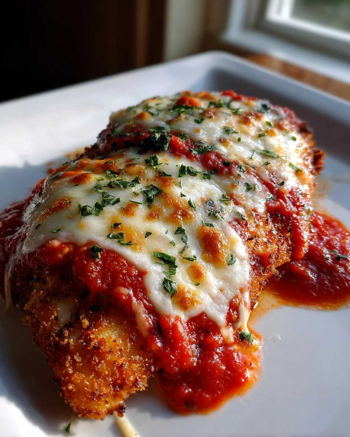 Close-up of two breaded chicken cutlets topped with marinara sauce, melted mozzarella, and parsley, representing Easy chicken Parmesan.