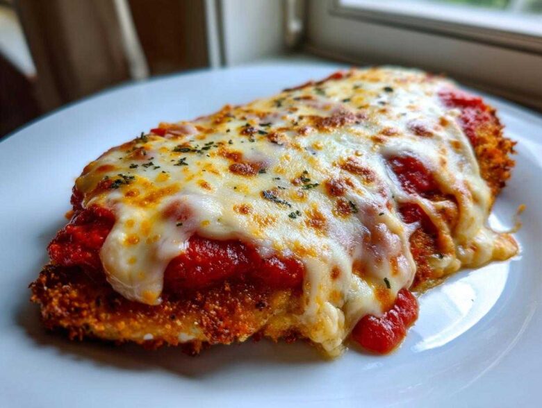 Close-up of a crispy breaded cutlet topped with marinara sauce and melted mozzarella cheese, representing Easy chicken Parmesan.