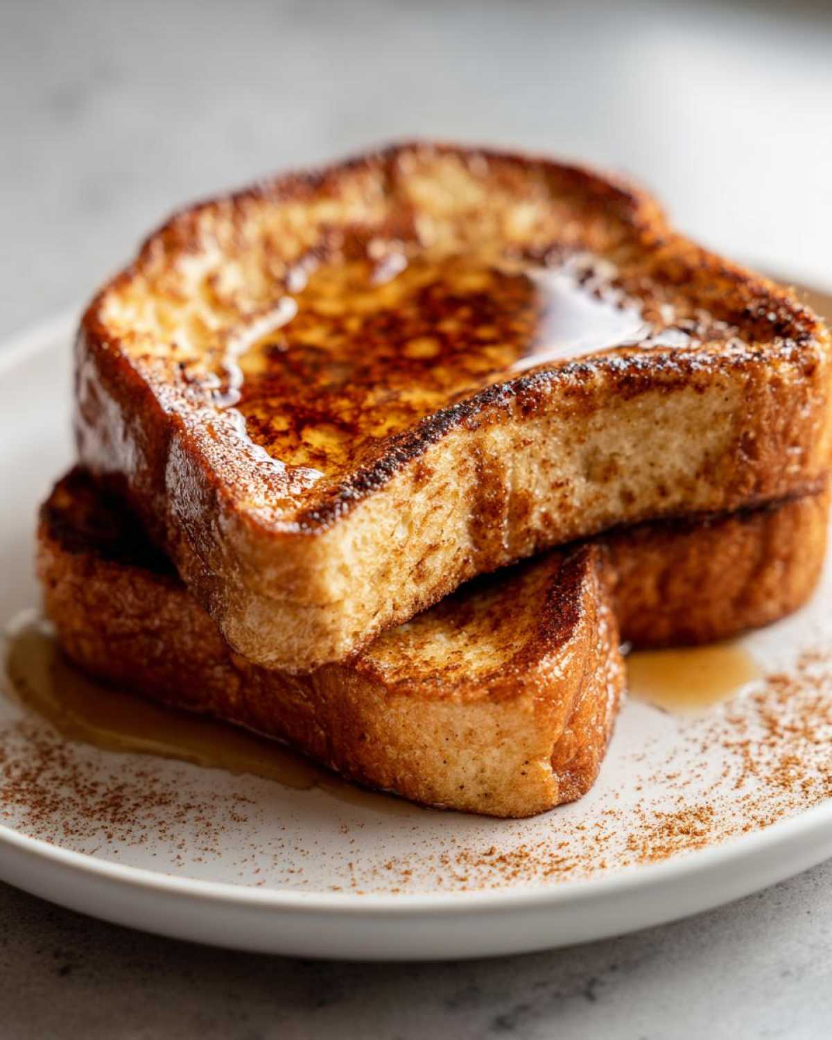 Two thick slices of golden brown easy french toast stacked and drizzled with syrup, dusted with cinnamon.