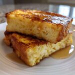 Close-up of two thick slices of golden brown easy french toast stacked and drizzled with maple syrup on a white plate.