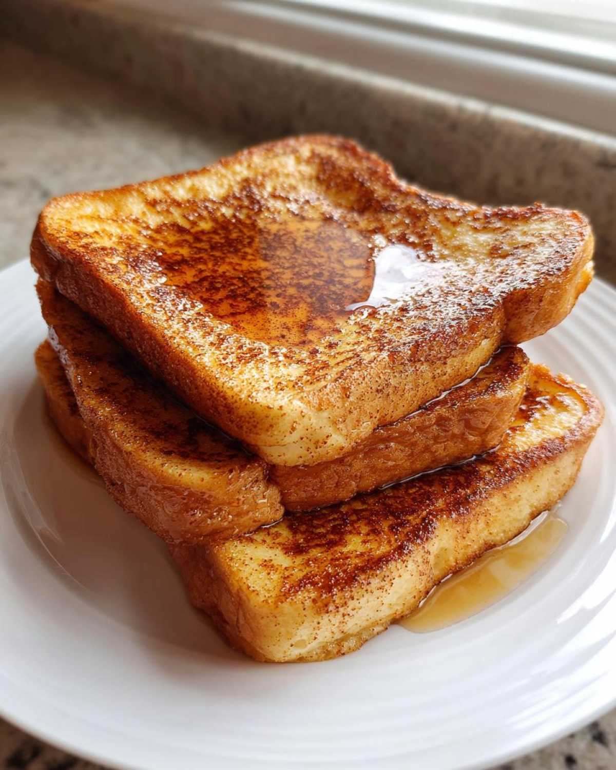 A stack of three golden brown slices of easy french toast topped with maple syrup on a white plate.