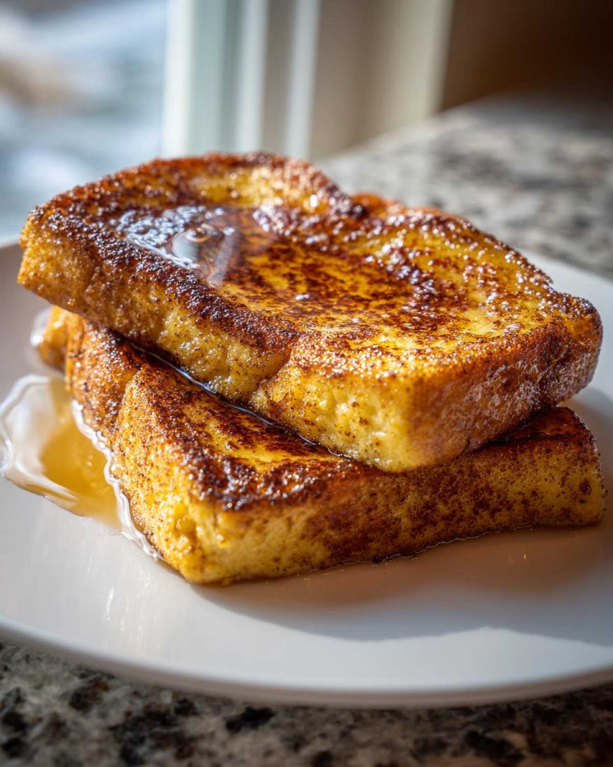 Two thick slices of golden brown easy french toast stacked on a white plate, drizzled with maple syrup.