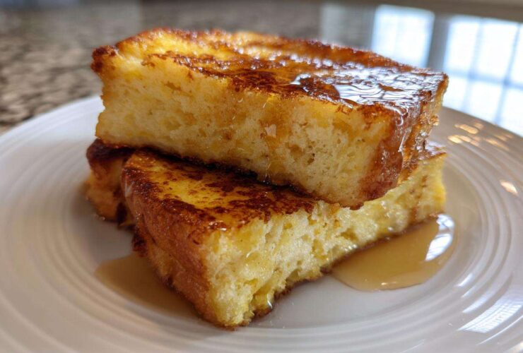 Close-up of two thick slices of golden brown easy french toast stacked and drizzled with maple syrup on a white plate.