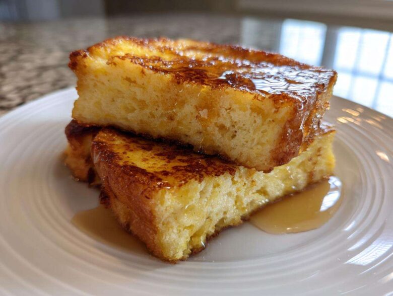 Close-up of two thick slices of golden brown easy french toast stacked and drizzled with maple syrup on a white plate.