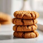 A close-up stack of four classic, fork-pressed Easy Peanut Butter Cookies on a light surface.