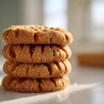 A stack of four classic Easy Peanut Butter Cookies showing fork marks and a sugar coating.