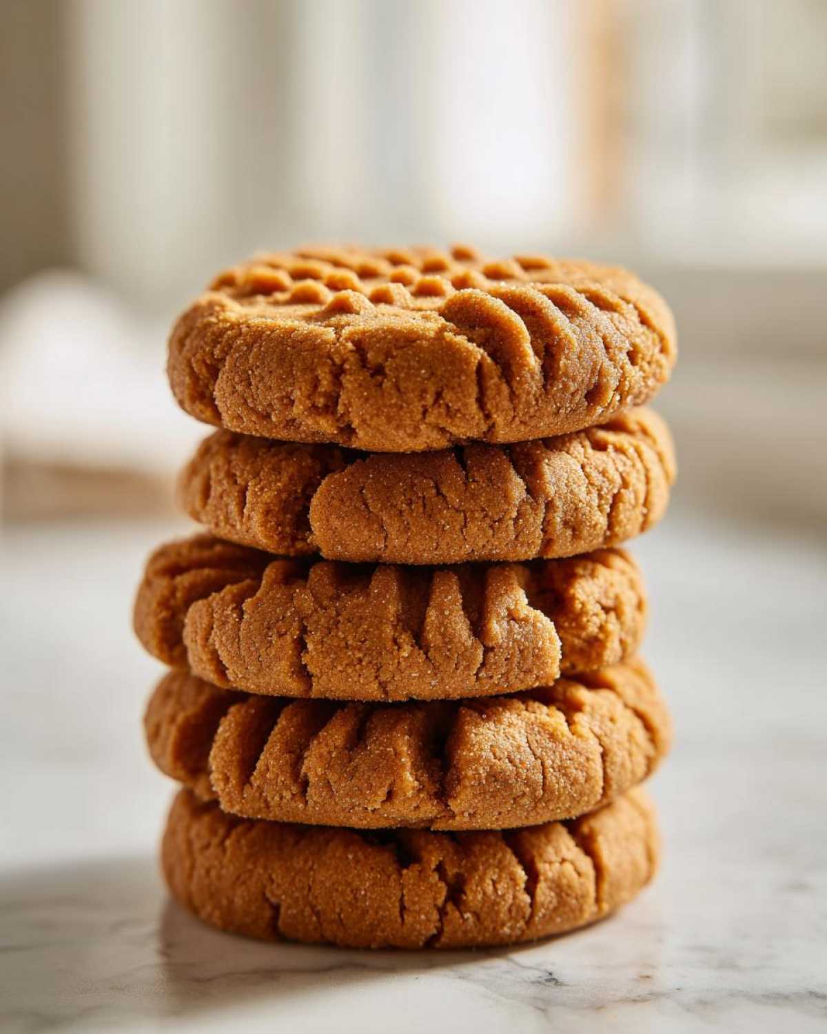 A vertical stack of four classic Easy Peanut Butter Cookies with crisscross fork marks.