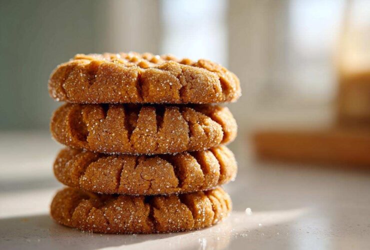 A stack of four classic Easy Peanut Butter Cookies showing fork marks and a sugar coating.
