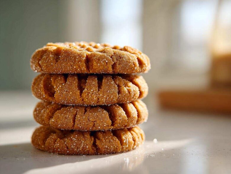 A stack of four classic Easy Peanut Butter Cookies showing fork marks and a sugar coating.